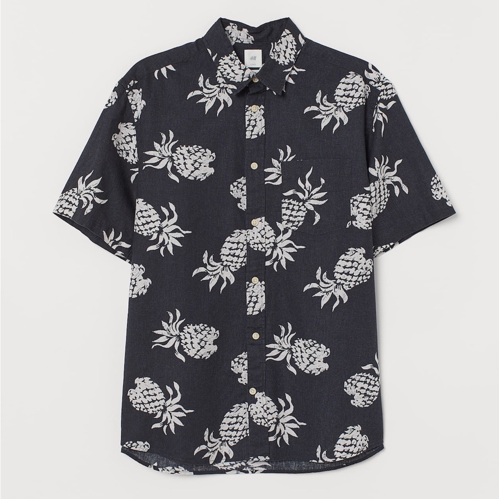 H&M/Navy (washed black) Pineapple Print Casual Shirt Sz: XL